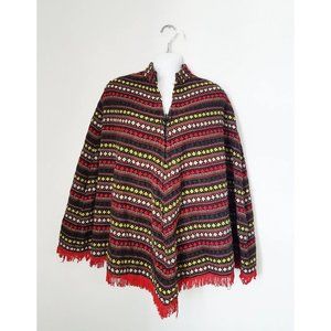 1970s Vintage Red Wool Poncho, Made in USA, Red Wool Patterned Poncho
